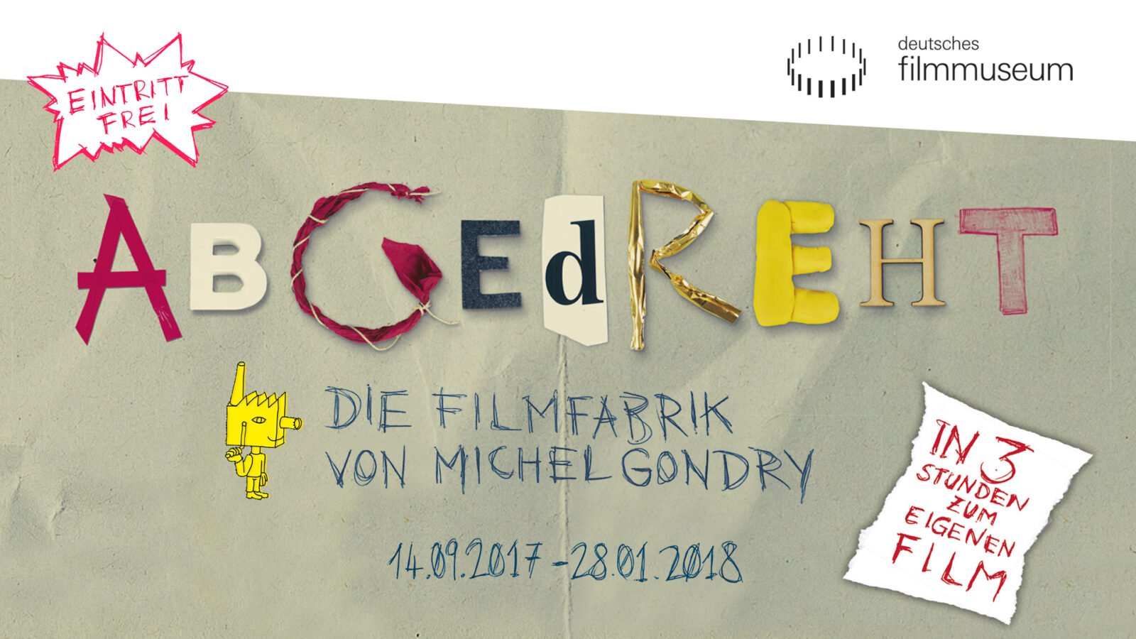 Das Logo der Ausstellung: Abgedreht! Die Filmfabrik von Michel Gondry in bunten Farben.