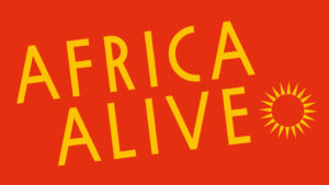 Visual Africa Alive red background, yellow text