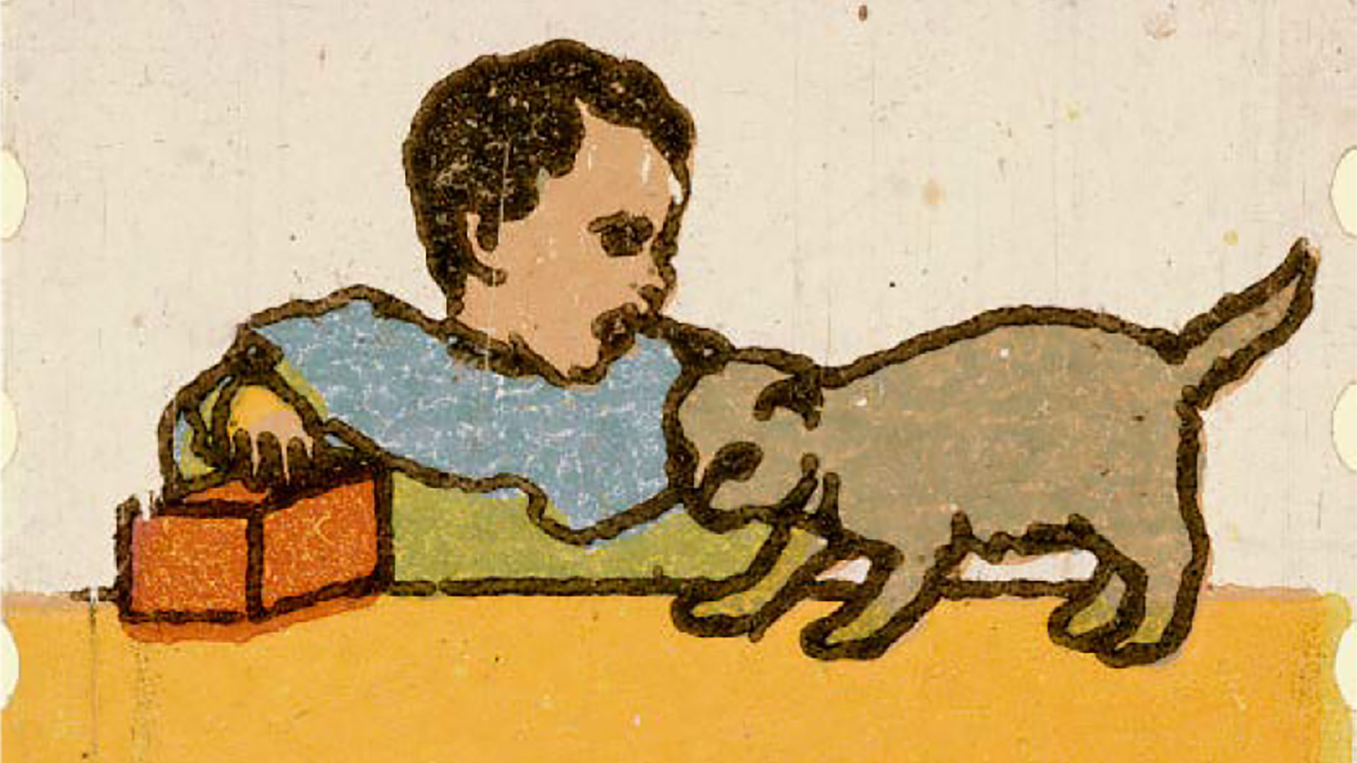 Still Litho-Loops, Gezeichnete Darstellung eines Jungen mit einer Katze