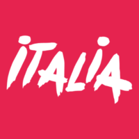 Logo, das mit weißer Schrift auf rotem Hintergrund das Wort Italia zeigt.