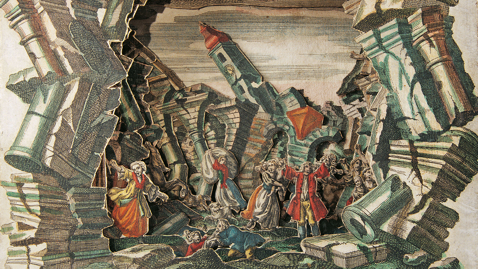 Martin Engelbrecht - Erdbeben in Lissabon (Gesamtansicht). Handkolorierte Kupferstiche, Augsburg um 1760