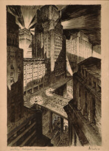Entwurf zu METROPOLIS, von Otto Hunte auf 1929 datiert. Tusche, Deckweiß, Bleistift auf Pappe