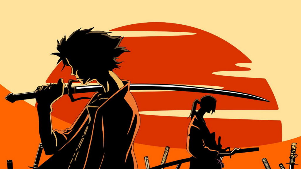 Still Samurai Champloo Cartoon mit zwei Charakteren, die ein Samuraischwert tragen und aneinander vorbei laufen