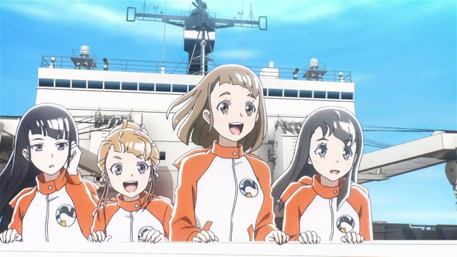 4 Anime Mädchen, Im Hintergrund Teile eines Schiffs zu sehen