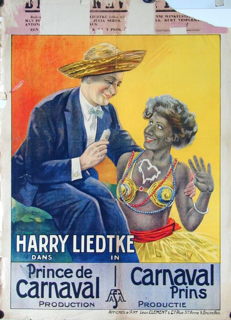 Das Plakat zu dem Film Der Faschingsprinz, zeigt vor einem orange gelben Hintergrund einen Mann in Anzug mit einem Sombrero auf dem Kopf und eine farbige Frau mit Bastrock und einem bunten Oberteil.