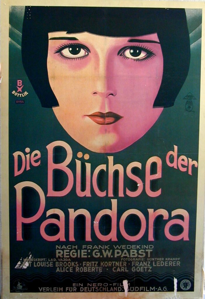 Das Plakat zu dem Film Die Büchse der Pandora zeigt auf dunkelgrünem Hintergrund die Nahaufnahme von einem Gesicht einer Frau mit schwarzen kursgeschnittenen Haaren.