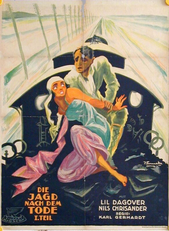 Das Filmplakat zu dem Film Die Jagd nach dem Tode zeigt eine Frau und einen Mann, die sich auf dem Dach eines schwarzen Zuges befinden.