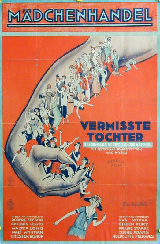 Das Plakat zu dem Film Mädchenhandel zeigt, vor orange rotem Hintergrund, einen Unterarm und die dazugehörige Hand, an denen einige junge Frauen und Mädchen hängen, sitzen oder stehen