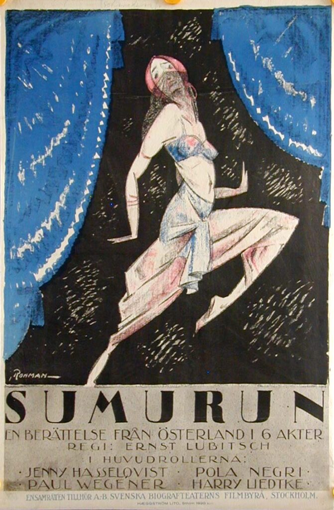 Das Plakat zu dem Film Sumurun zeigt eine Frau im Sprung auf einer Bühne mit blauem Vorhang.