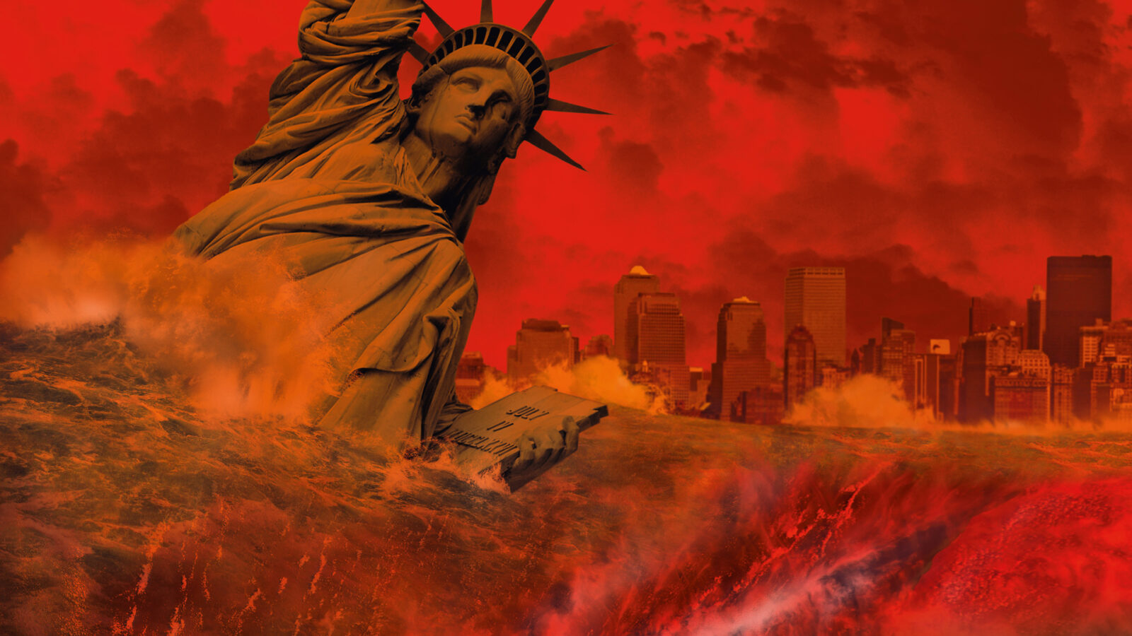 Das Titelbild zeigt die Freiheitsstatur, einige Häuser New Yorks und eine Landschaft in Rottönen.