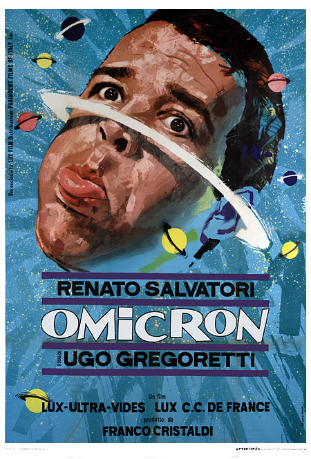 Plakat des Filmes: OMICRON. Blauer Hintergrund und einem Kopf eines Mannes, der als Planet dargestellt wird.