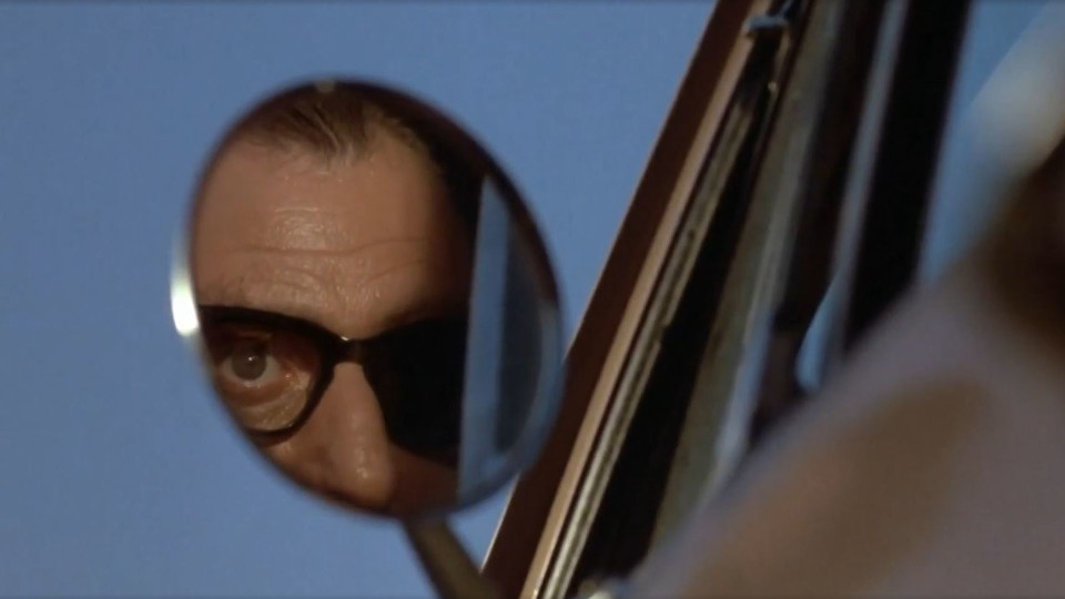 Filmstill aus Repo Man. Ein Teil eines Gesichts ist in einem runden Außenspiegel eines Autos zu sehen.