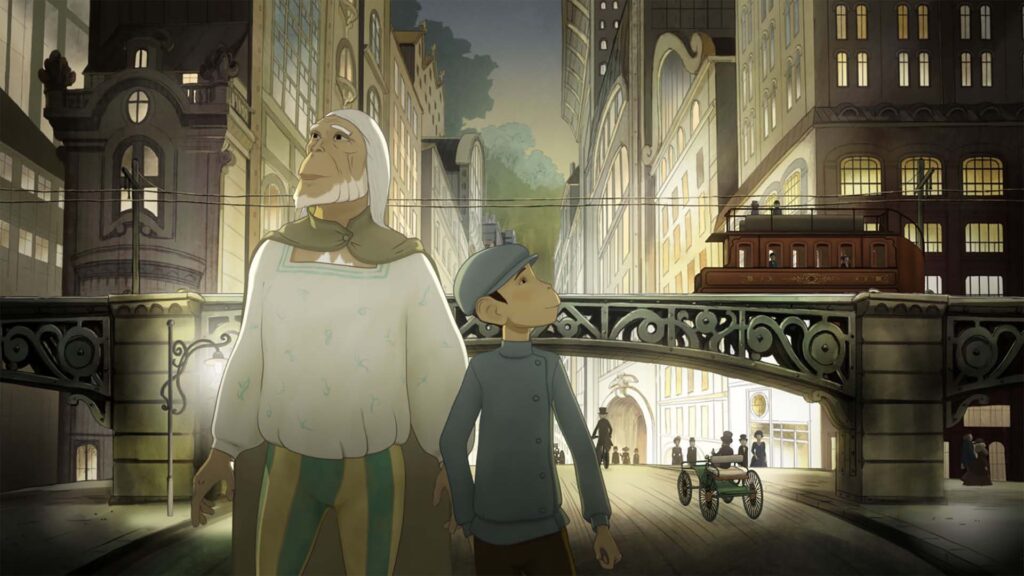 Filmstill LE VOYAGE DU PRINCE, Zwei Charaktere laufen abends durch eine Stadt und sehen sich um