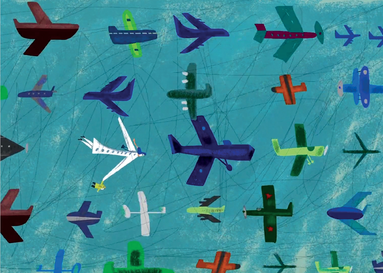 Ein Bild aus dem Film MY MOM IS AN AIRPLANE!, das mehrere Flugzeuge und eine Frau zeigt, die ebenfalls zu fliegen scheint.