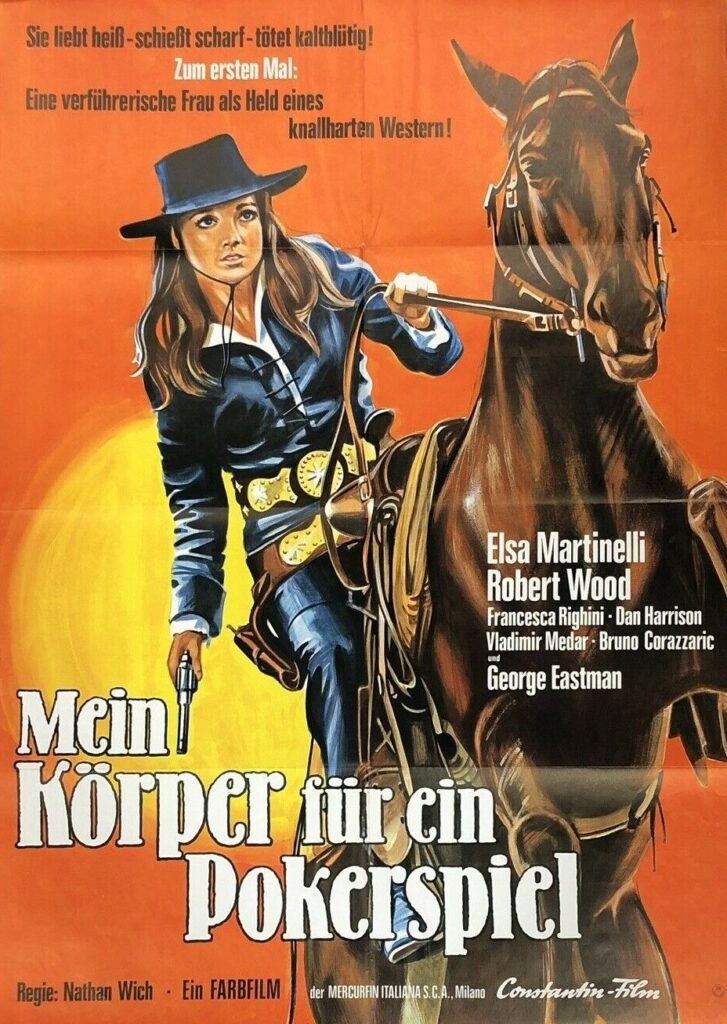 Plakat des Films: MEIN KÖRPER FÜR EIN POKERSPIEL, dieses zeigt eine Frau auf einem braunen Pferd, beide in Country/Western-Look vor orange gelben Hintergrund.