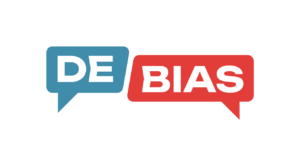 DE-BIAS project logo showing a turquois and red word bubble opposite next to each other. In the left bubble it reads "DE" in the right bubble it reads "BIAS"