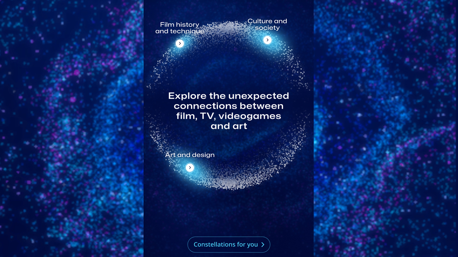 Grafik eines Sternennebels mit Text: Explore the unexpected connections between film, TV, videogames and art