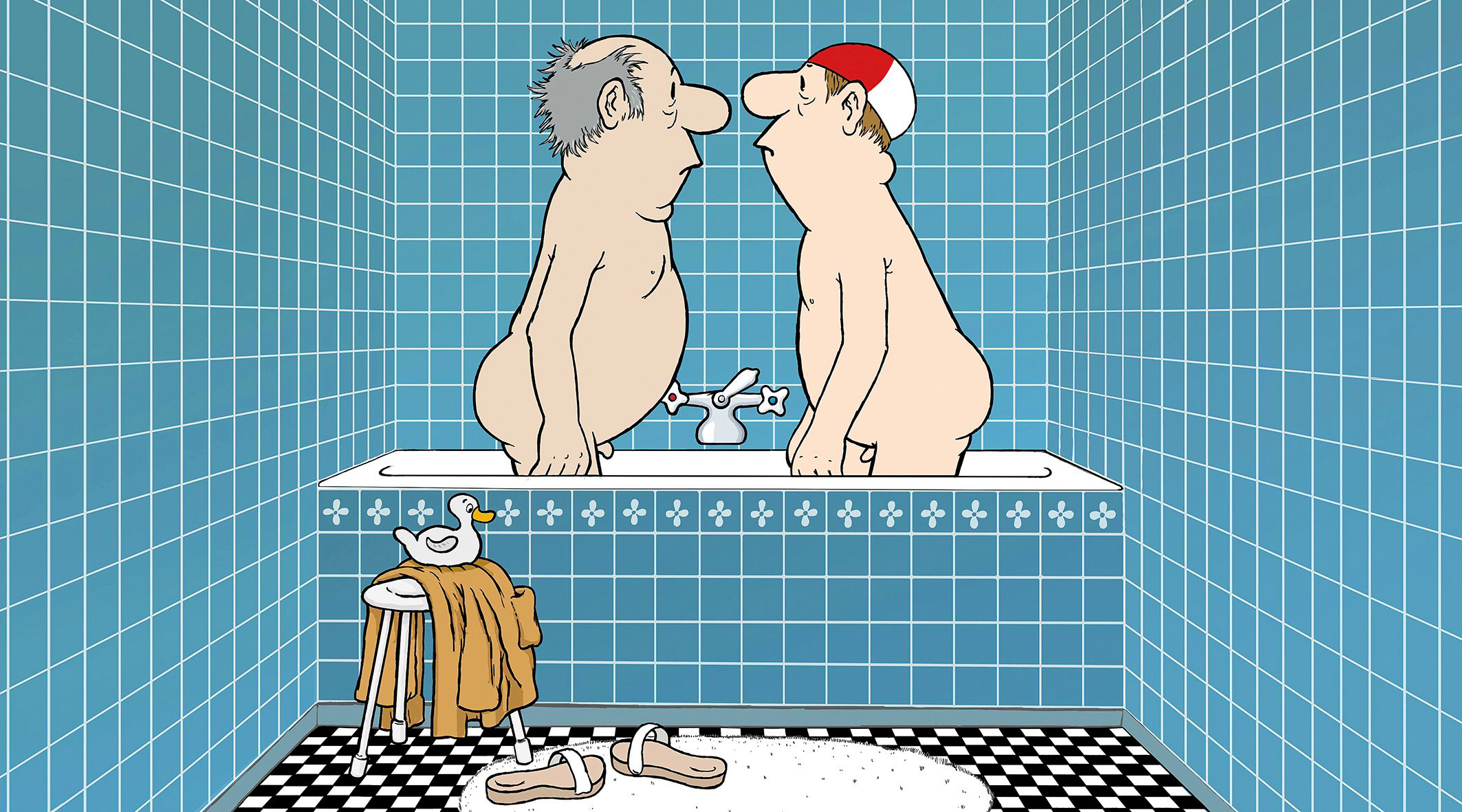 Zwei nackte Männer stehen sich irritiert in einer Badewanne gegenüber / Zeichentrick